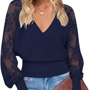 ZESICA V Neck Lace Patchwork Long Sleeve Casual Knit Pullover Sweater